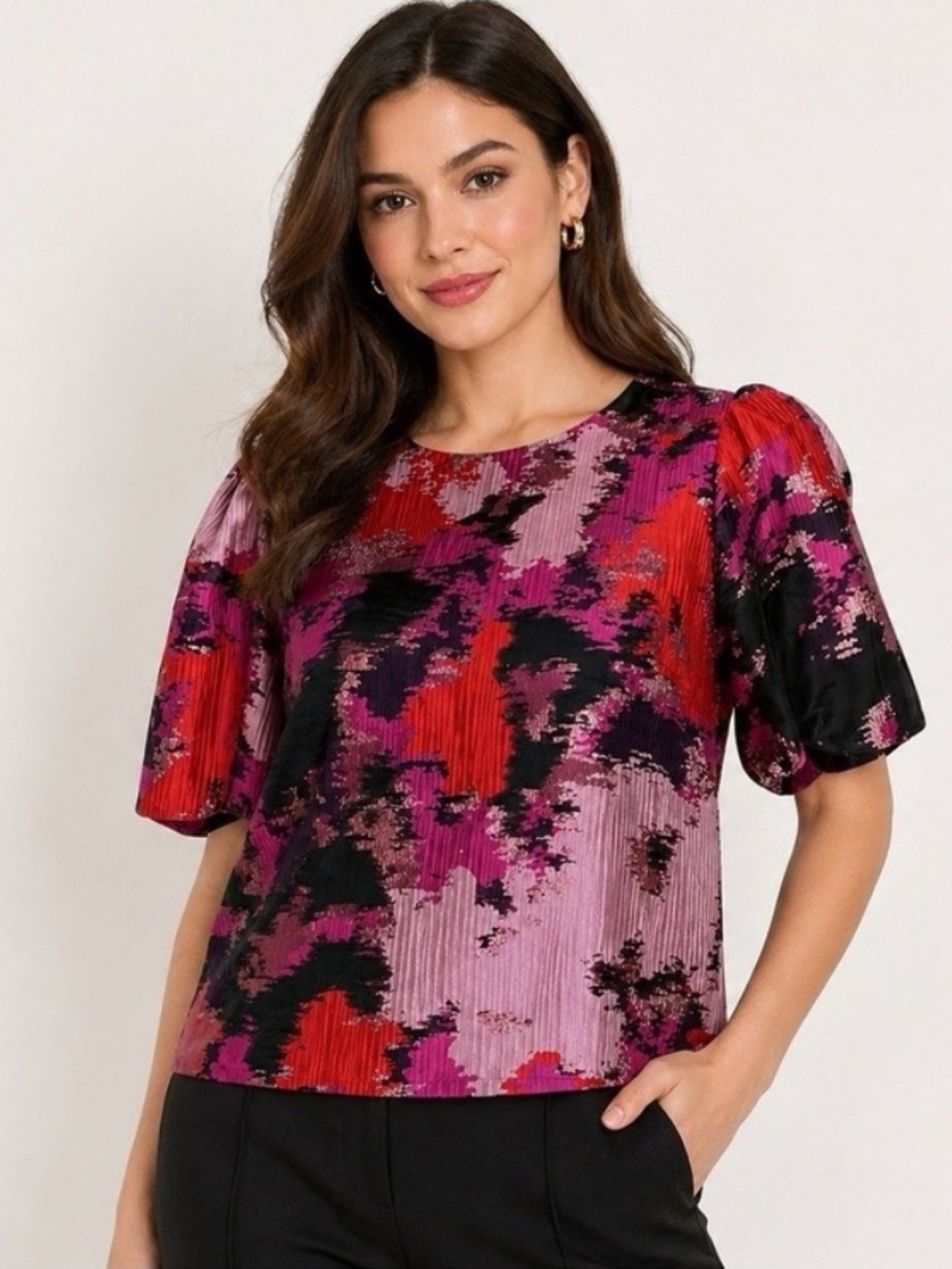 NWT Pomander Place Pink and Red Lurex Abstract Jacquard Lyla Blouse Tuckernuck M